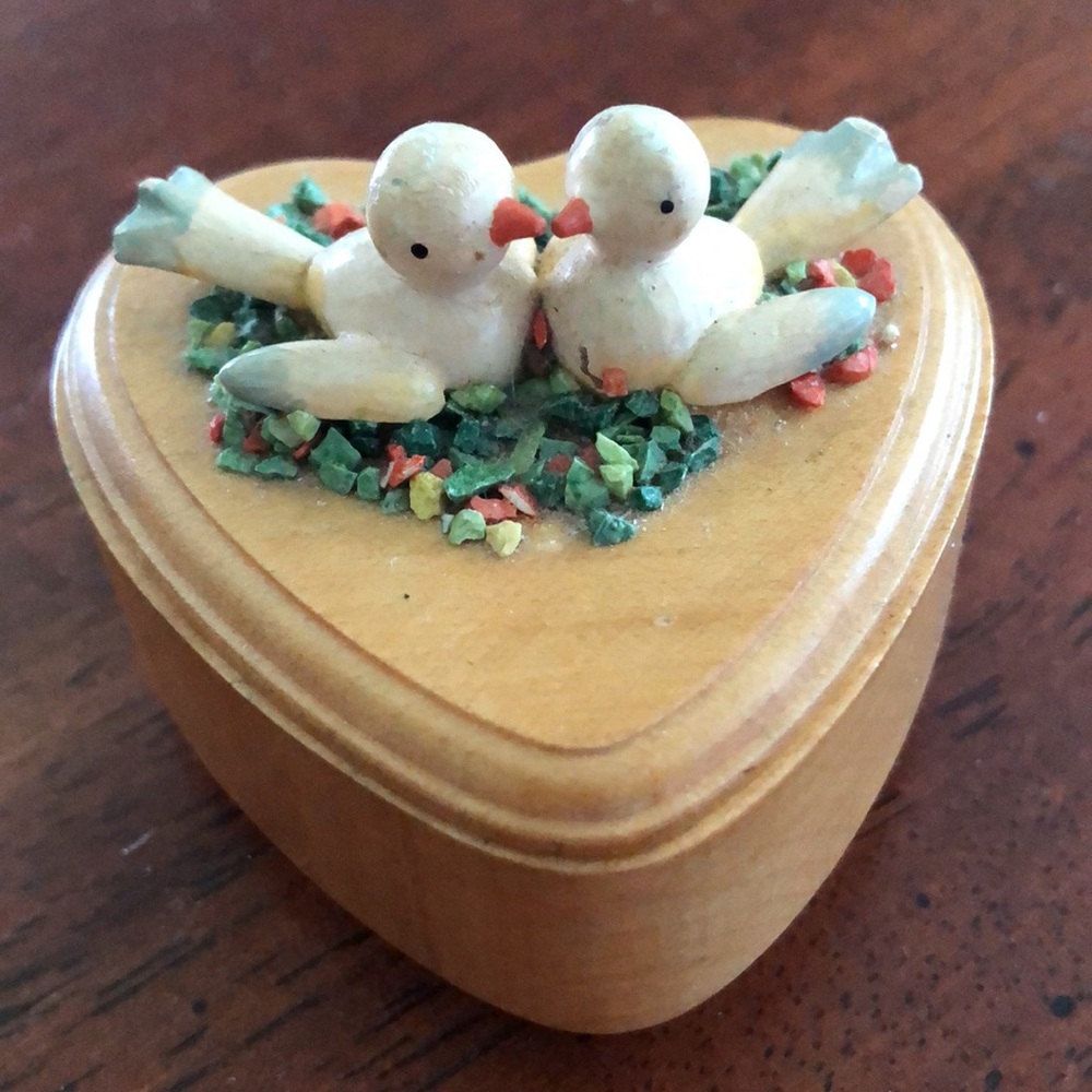 Estate Vintage Italian Heart-Shaped Wooden Trinket Box with Lovebirds